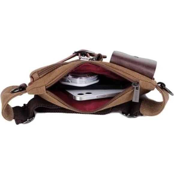 Men's Waist Bag Sports Coffee Canvas Belt Bag - Picture 4 of 8